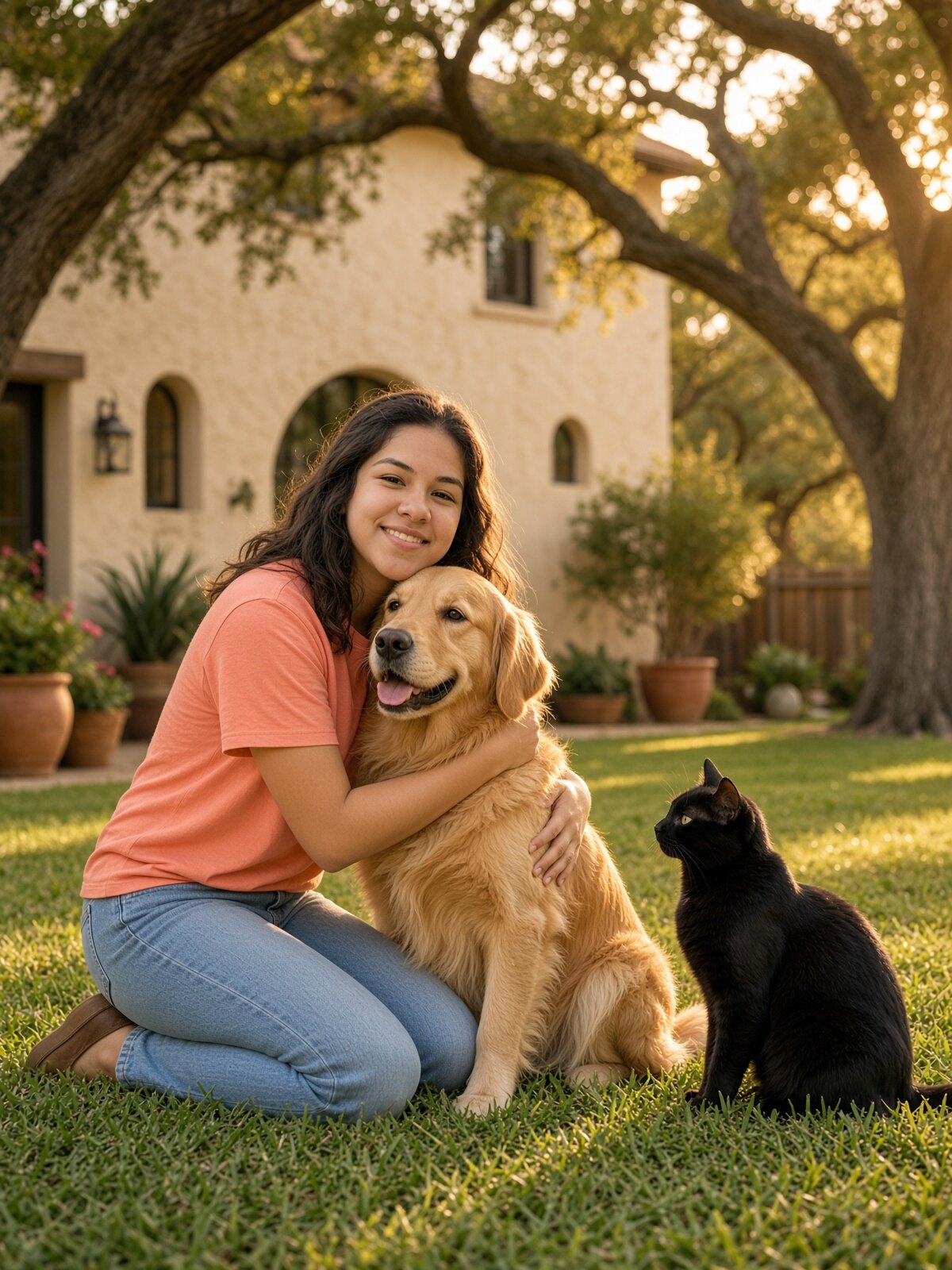 Ashley of Loyal Pet Watch with a golden retriever and black cat